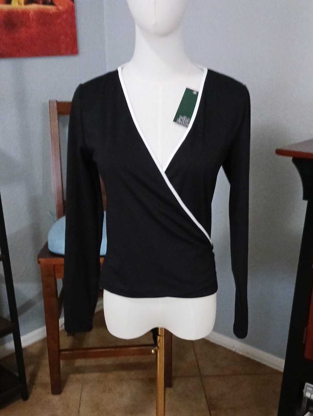 NEW! wild fable- Black Wrap-Style Long Sleeve Top with White Trim